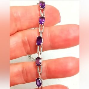 Oval Amethyst Gemstone Sterling Straight Line Bracelet